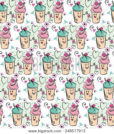 Girl And Boy Ice Cream Character And Cherry, Pink Heart. The Boy Gives The Cherry To The Girl. Seaml