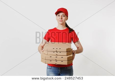 Woman In Red Cap, T-shirt Giving Food Order Pizza Boxes Isolated On White Background. Female Pizzama
