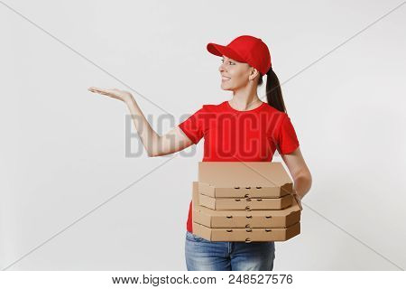 Woman In Red Cap, T-shirt Giving Food Order Pizza Boxes Isolated On White Background. Female Pizzama