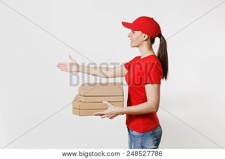 Delivery Woman In Red Cap, T-shirt Giving Food Order Pizza Boxes Isolated On White Background. Femal