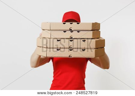 Woman In Red Cap, T-shirt Giving Food Order Pizza Boxes Isolated On White Background. Female Pizzama