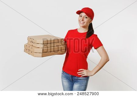 Woman In Red Cap, T-shirt Giving Food Order Pizza Boxes Isolated On White Background. Female Pizzama
