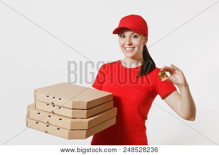 Delivery Woman In Red Cap, T-shirt Giving Food Order Italian Pizza In Cardboard Flatbox Boxes Isolat