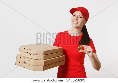 Delivery Woman In Red Cap, T-shirt Giving Food Order Italian Pizza In Cardboard Flatbox Boxes Isolat