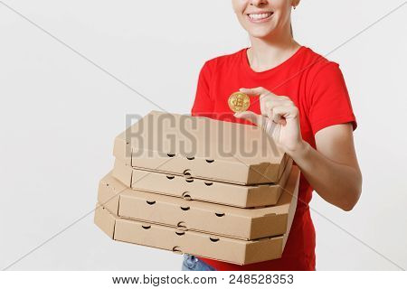 Delivery Woman In Red Cap, T-shirt Giving Food Order Italian Pizza In Cardboard Flatbox Boxes Isolat