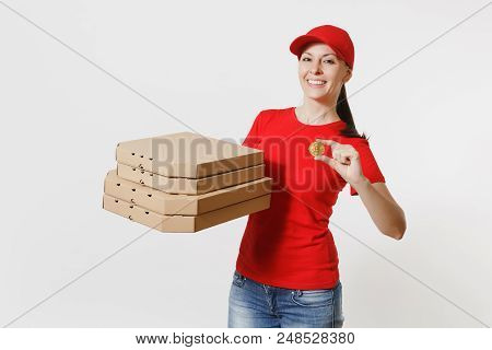 Delivery Woman In Red Cap, T-shirt Giving Food Order Italian Pizza In Cardboard Flatbox Boxes Isolat