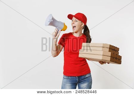 Expressive Hot Woman In Red Cap, T-shirt Giving Food Order Pizza Boxes Isolated On White Background.