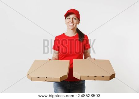 Woman In Red Cap T-shirt Giving Food Order Pizza Boxes Isolated On White Background. Female Pizzaman