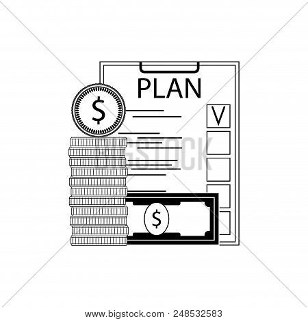 Finance Plan Concept Line Style. Checklist Planning And Money Coins Banknote. Vector Illustration