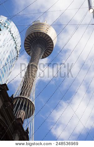 Close Up Half Of Sydney Tower, View From Centre Point, Cbd. The Tallest Tower In Sydney. Australia 0