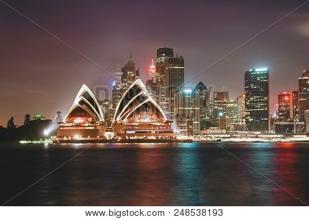Sydeny Opera House At Twilight Sunset Sky. The Sydney Opera House Is A Multi-venue Performing Arts C