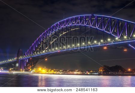 Close Up Harbour Bridge Sydney Highly Illuminated With Pink Lights View From Milson Point During Ann
