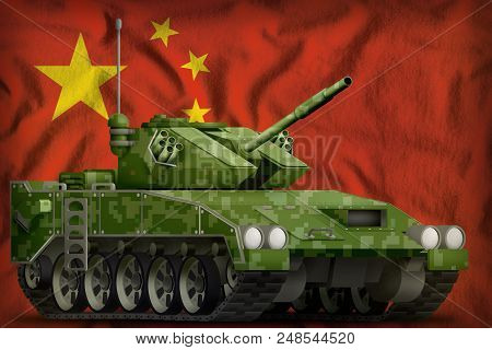 Light Tank Apc With Pixel Summer Camouflage On The China Flag Background. 3d Illustration