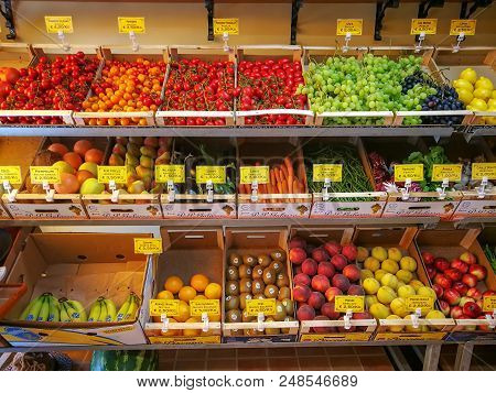 Montesilvano, Italy. July 01, 2018: Greengrocer Inside A Shop In The Center Of Montesilvano In Italy