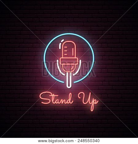 Glowing Microphone Illustration . Neon Sign. Signboard For Stand Up Show. Vector Illustration.
