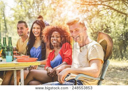 Young People - Multiracial Having Fun Togheter - Barbecue In Forest - Sumer - Spring