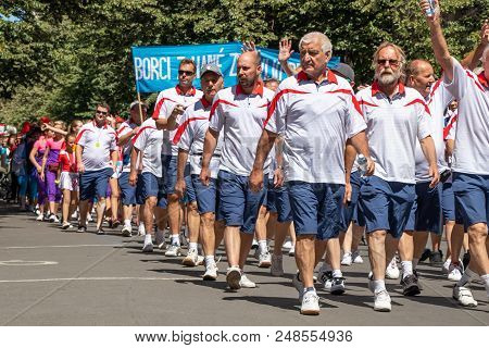 Prague, Czech Republic - July 1, 2018: Men Parading At Sokolsky Slet, A Once-every-six-years Gatheri