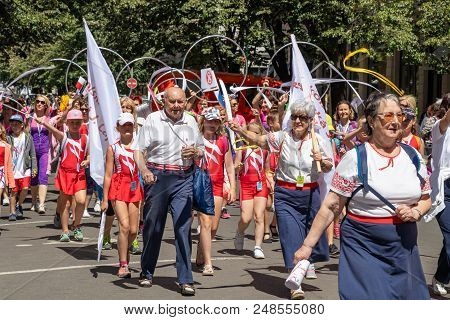 Prague, Czech Republic - July 1, 2018: People Parading At Sokolsky Slet, A Once-every-six-years Gath