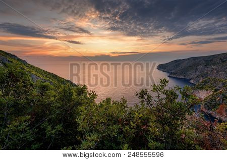 Kampi, The Place For The Most Beautiful Sunset In Zakynthos Island. Summer Time Sunset In Zante