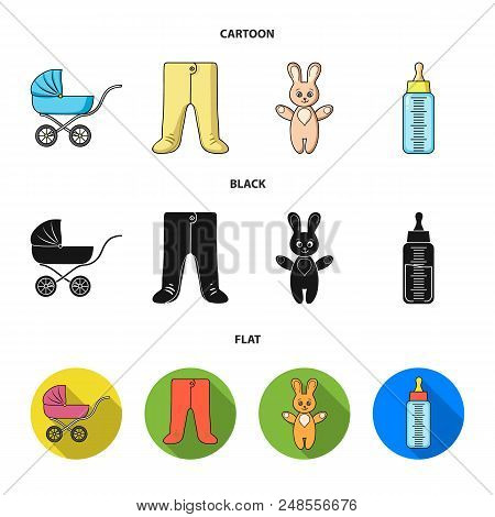 Stroller, Bottle With A Pacifier, Toy, Sliders.baby Born Set Collection Icons In Cartoon, Black, Fla