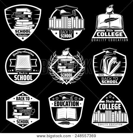 Vintage Back To School Labels Set With Books Bag Apple Graduation Cap Feather On Black Background Is