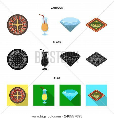 Roulette, A Glass With A Drink, A Diamond, A Sign With The Inscription Casino. Casino And Gambling S
