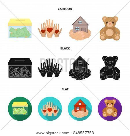 Boxing Glass With Donations, Hands With Hearts, House In Hands, Teddy Bear For Charity. Charity And 