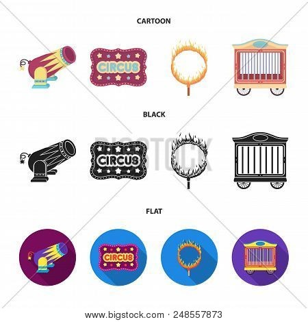 Circus Trailer, Circus Gun, Burning Hoop, Signboard.circus Set Collection Icons In Cartoon, Black, F