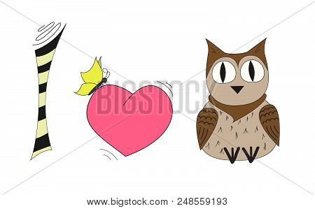 I Love The Owl. An Illustration Of A Cartoon Owl. T-shirt Graphics For Kids.