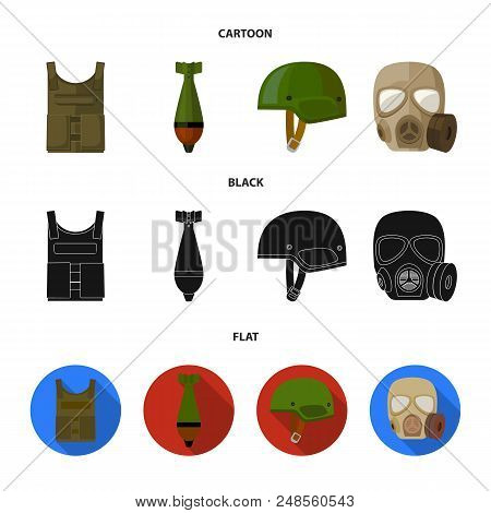 Bullet-proof Vest, Mine, Helmet, Gas Mask. Military And Army Set Collection Icons In Cartoon, Black,