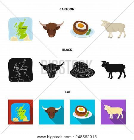 Territory On The Map, Bull Head, Cow, Eggs. Scotland Country Set Collection Icons In Cartoon, Black,