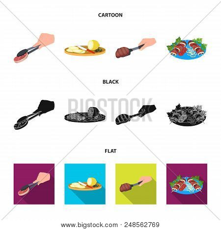 Tongs With Steak, Fried Meat On A Scoop, Slicing Lemon And Olives, Shish Kebab On A Plate With Veget