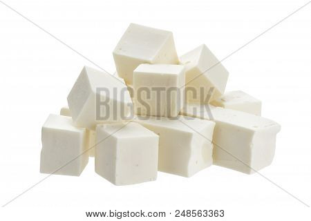 Greek Feta Cubes. Diced Soft Cheese Isolated On White Background With Clipping Path