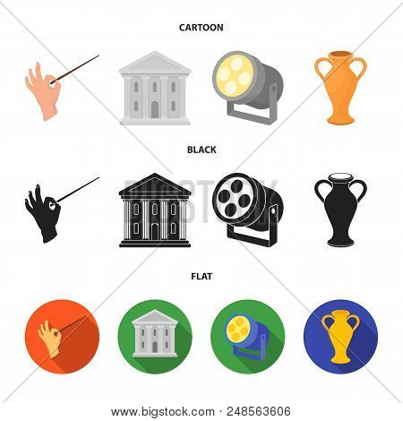 Conductor Baton, Theater Building, Searchlight, Amphora.theatre Set Collection Icons In Cartoon, Bla
