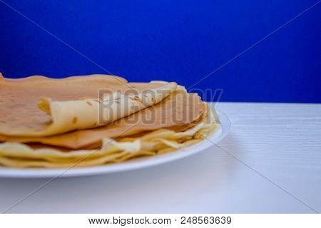 Russian Blini Pancakes , Apple Jam And Condensed Milk. Celebration Of Maslenitsa. Maslenitsa Is An E
