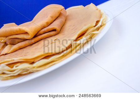 Russian Blini Pancakes , Apple Jam And Condensed Milk. Celebration Of Maslenitsa. Maslenitsa Is An E