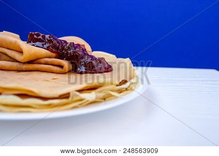 Russian Blini Pancakes , Apple Jam And Condensed Milk. Celebration Of Maslenitsa. Maslenitsa Is An E