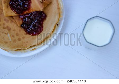 Russian Blini Pancakes , Apple Jam And Condensed Milk. Celebration Of Maslenitsa. Maslenitsa Is An E
