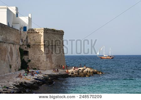 Monopoli, Italy - July 5 2018: Ship Yasemin Sultan From Mahagony Tree Sailing Near Beach Porta Vecch
