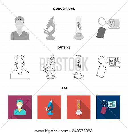 Plant In Vitro, Nurse, Microscope, Tonometer. Medicine Set Collection Icons In Flat, Outline, Monoch