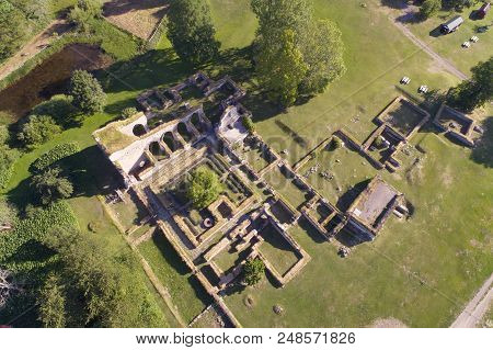 Aerial View Of The Ruins Of Christian Catholic Medieval Alvastra Abbey Located Near Odeshog In Swede