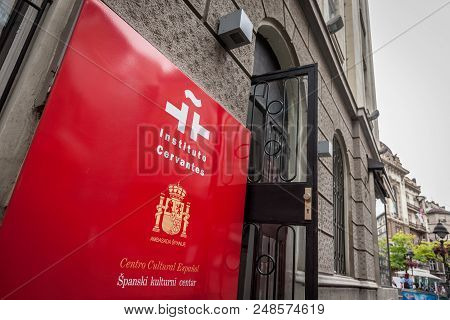 Belgrade, Serbia - July 7, 2018:  Logo Of Cervantes Instute (instituto Cervantes) On Their Belgrade 
