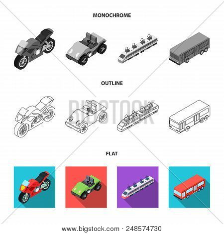 Motorcycle, Golf Cart, Train, Bus. Transport Set Collection Icons In Flat, Outline, Monochrome Style