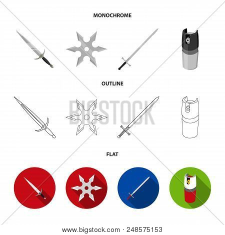 Sword, Two-handed Sword, Gas Balloon, Shuriken. Weapons Set Collection Icons In Flat, Outline, Monoc