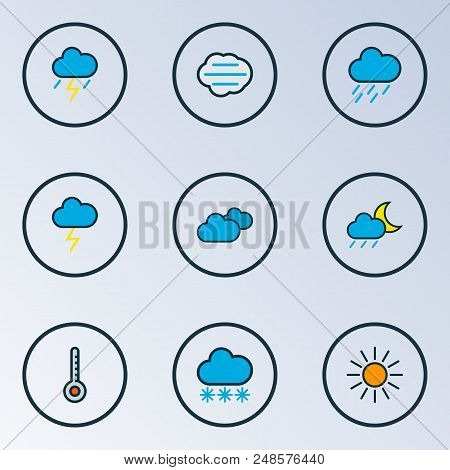 Climate Icons Colored Line Set With Cloudy Day, Degree, Nimbus And Other Cloudburst Elements. Isolat