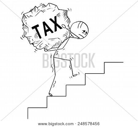 Cartoon Stick Drawing Conceptual Illustration Of Man Or Businessman Carrying Big Piece Of Rock With 
