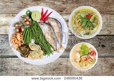 Coconut Milk And Fermented Soy Bean Sauce And Green Curry With Side Dish As Deep Fired Mackarels,ome