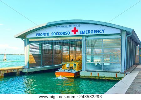 Venice, Italy - June 18, 2018:  Emergency medical service boat station  - Pronto Soccorso (it.)