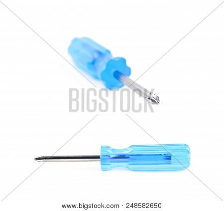 Tiny Crosshead Screwdriver With A Plastic Blue Handle, Isolated Over The White Background, Set Of Tw