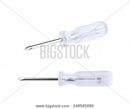 Tiny Crosshead Screwdriver With A Transparent Plastic Handle, Isolated Over The White Background, Se